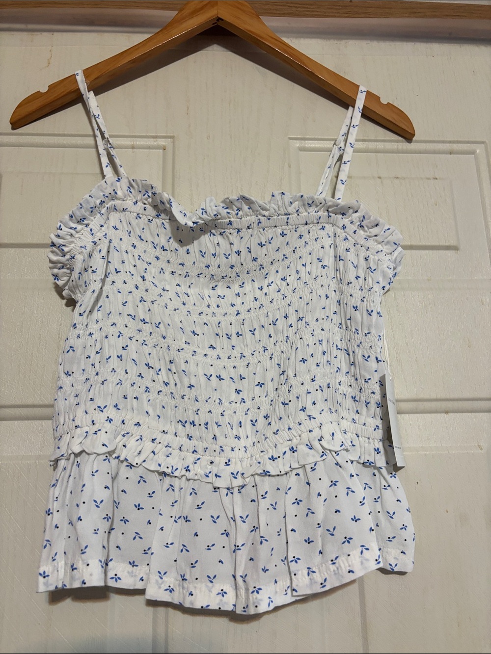 Smocked White Tank Top with Blue Floral Print - Women's‎
